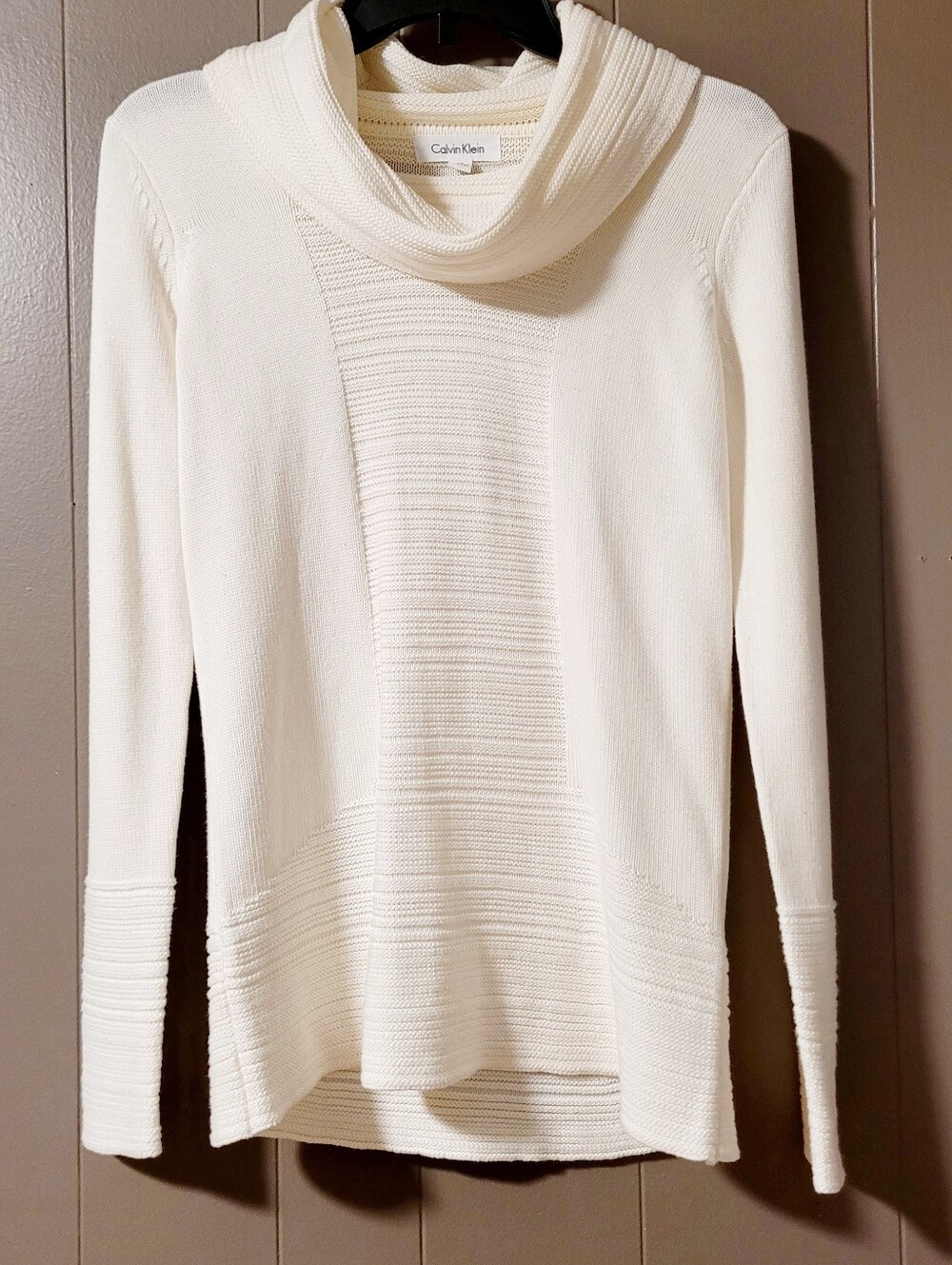 Calvin Klein Womens Tight Knit Cowl Neck Sweater Sz XS Cream Minimalist Cozy